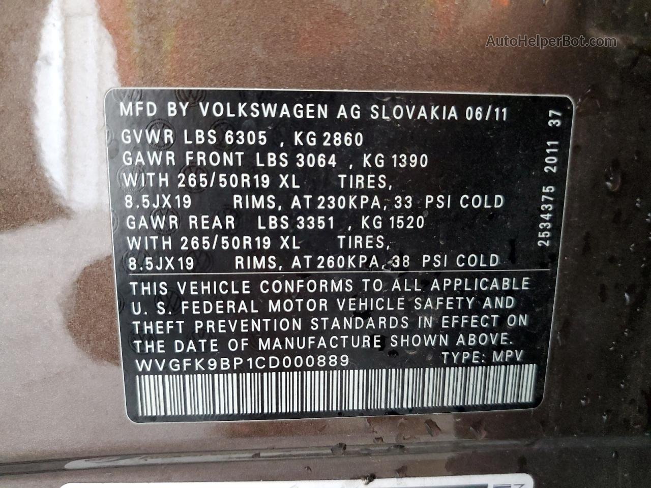 2012 Volkswagen Touareg V6 Tdi Gold vin: WVGFK9BP1CD000889