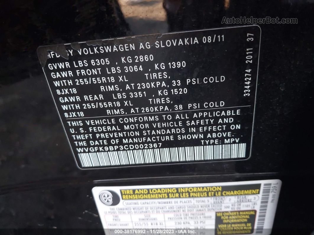 2012 Volkswagen Touareg Tdi Sport Black vin: WVGFK9BP3CD002367