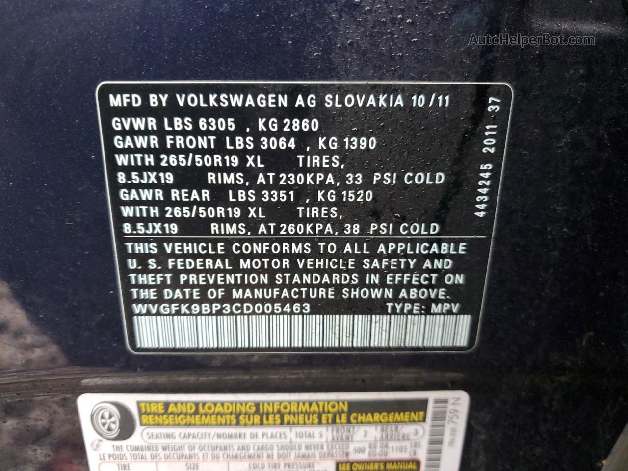 2012 Volkswagen Touareg V6 Tdi Blue vin: WVGFK9BP3CD005463