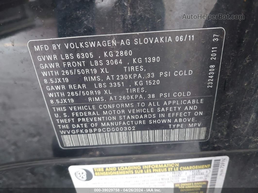 2012 Volkswagen Touareg Tdi Lux Black vin: WVGFK9BP9CD000302