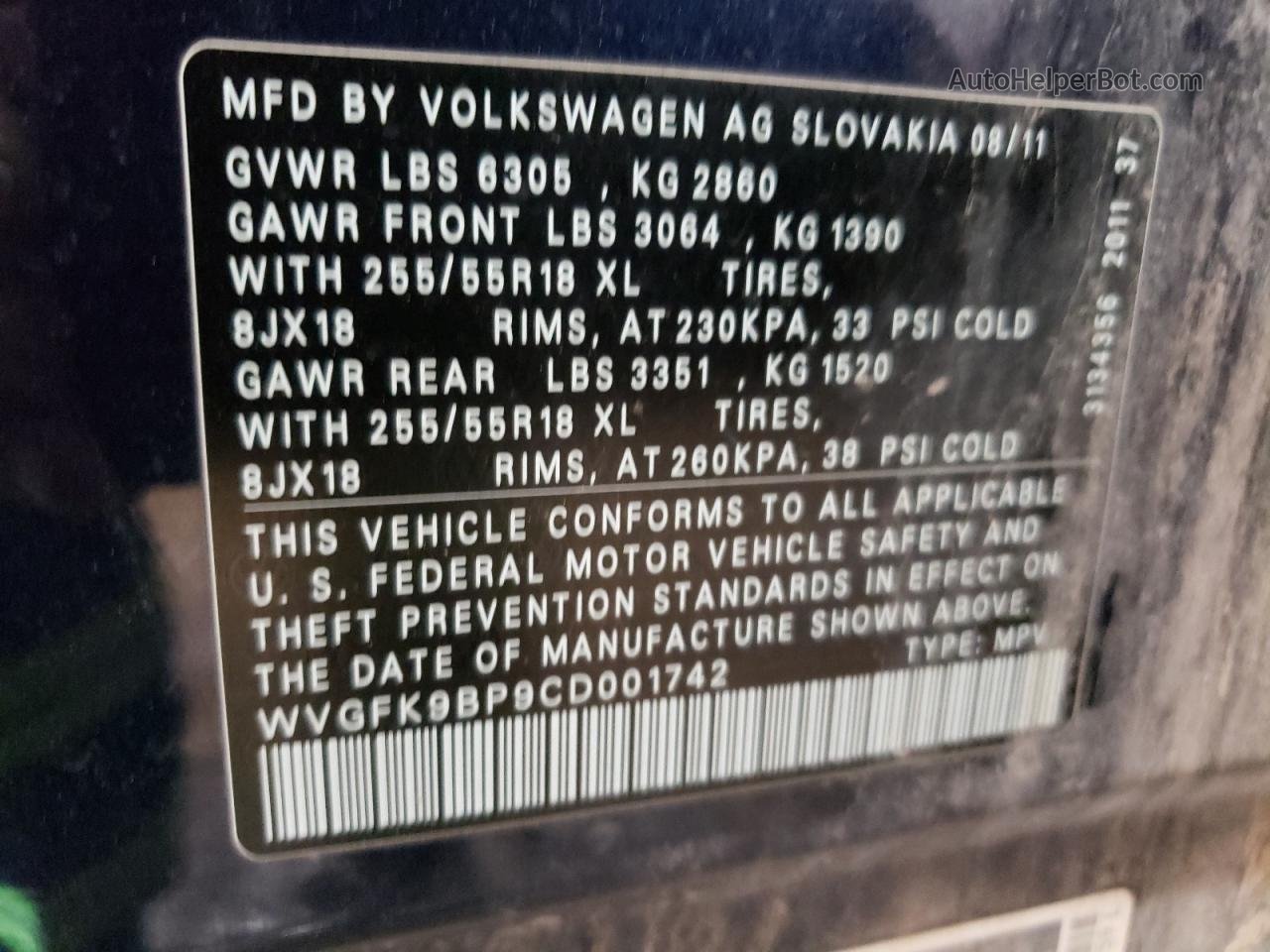 2012 Volkswagen Touareg V6 Tdi Blue vin: WVGFK9BP9CD001742