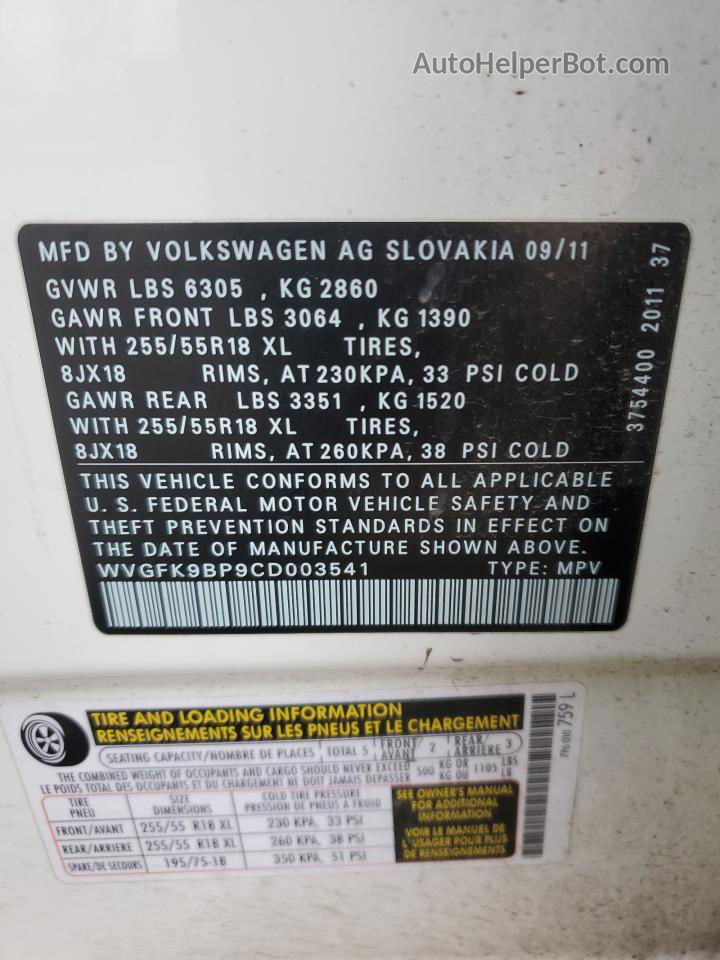 2012 Volkswagen Touareg V6 Tdi Белый vin: WVGFK9BP9CD003541