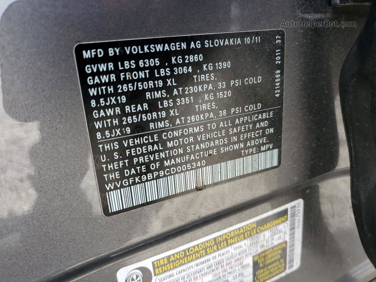 2012 Volkswagen Touareg V6 Tdi Gray vin: WVGFK9BP9CD005340