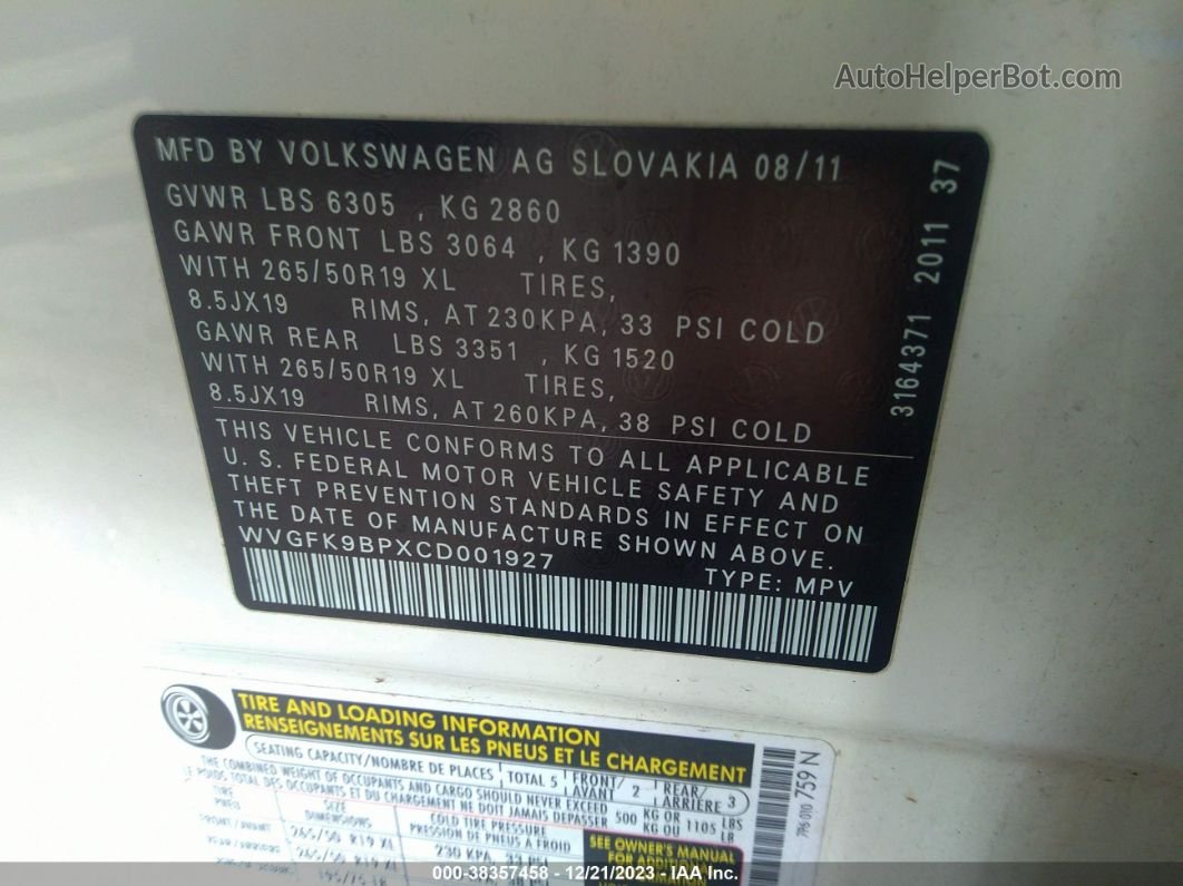 2012 Volkswagen Touareg Tdi Lux Белый vin: WVGFK9BPXCD001927