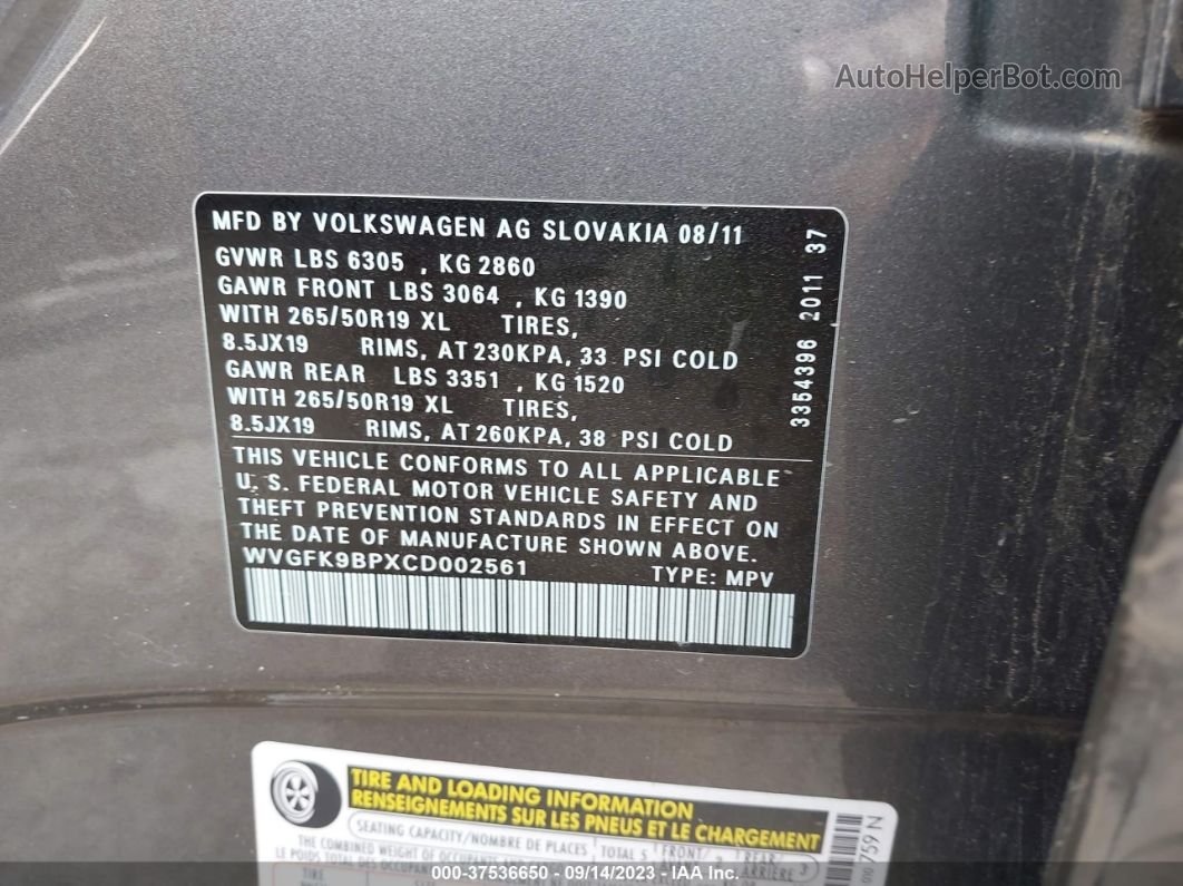 2012 Volkswagen Touareg Lux Gray vin: WVGFK9BPXCD002561