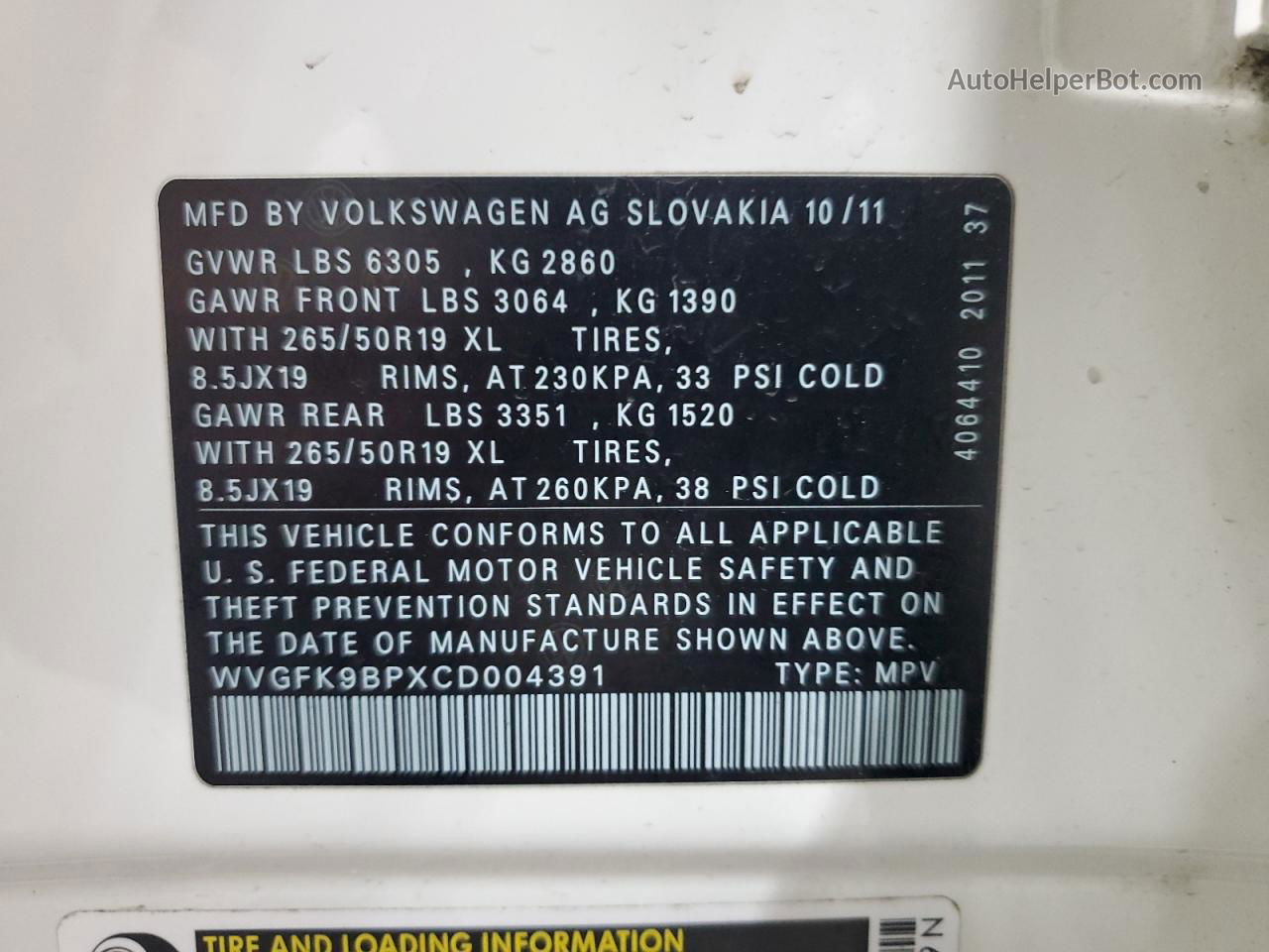 2012 Volkswagen Touareg V6 Tdi White vin: WVGFK9BPXCD004391