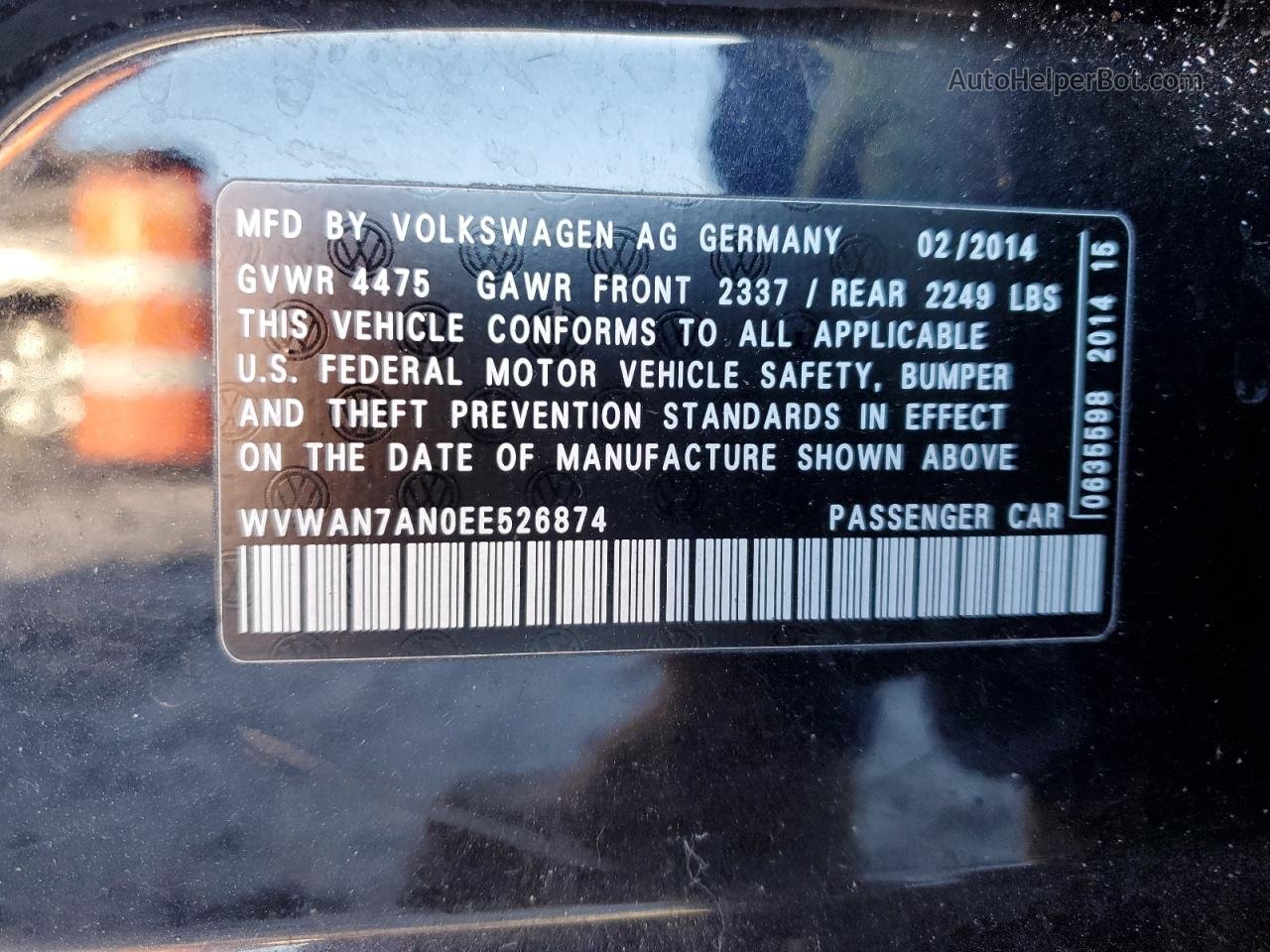 2014 Volkswagen Cc Sport Черный vin: WVWAN7AN0EE526874