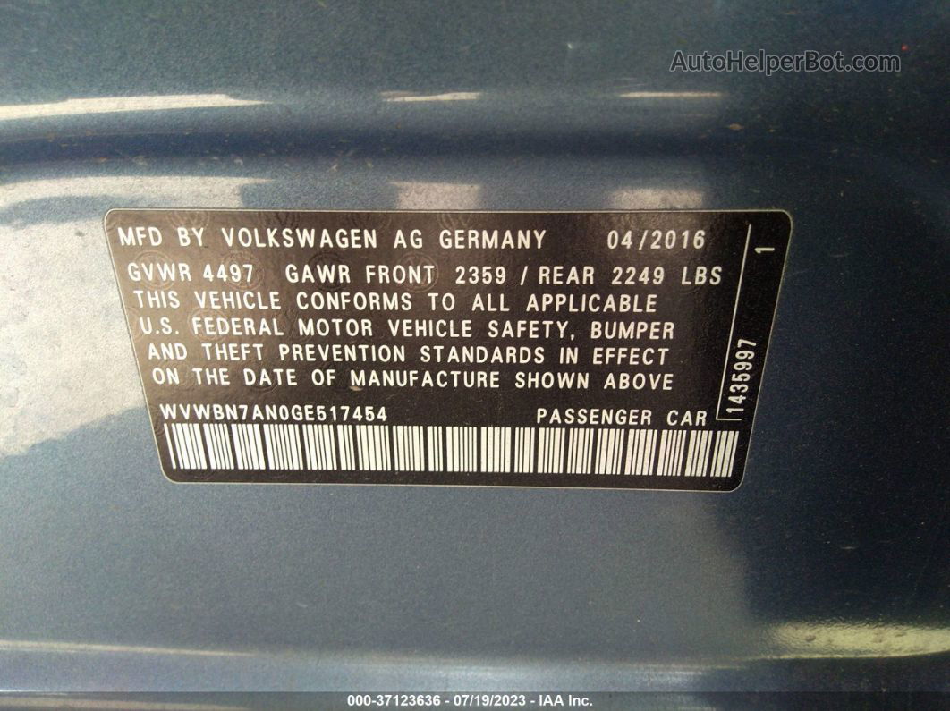 2016 Volkswagen Cc R-line Blue vin: WVWBN7AN0GE517454