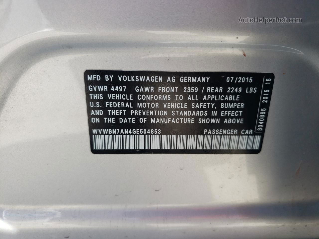 2016 Volkswagen Cc Base Silver vin: WVWBN7AN4GE504853