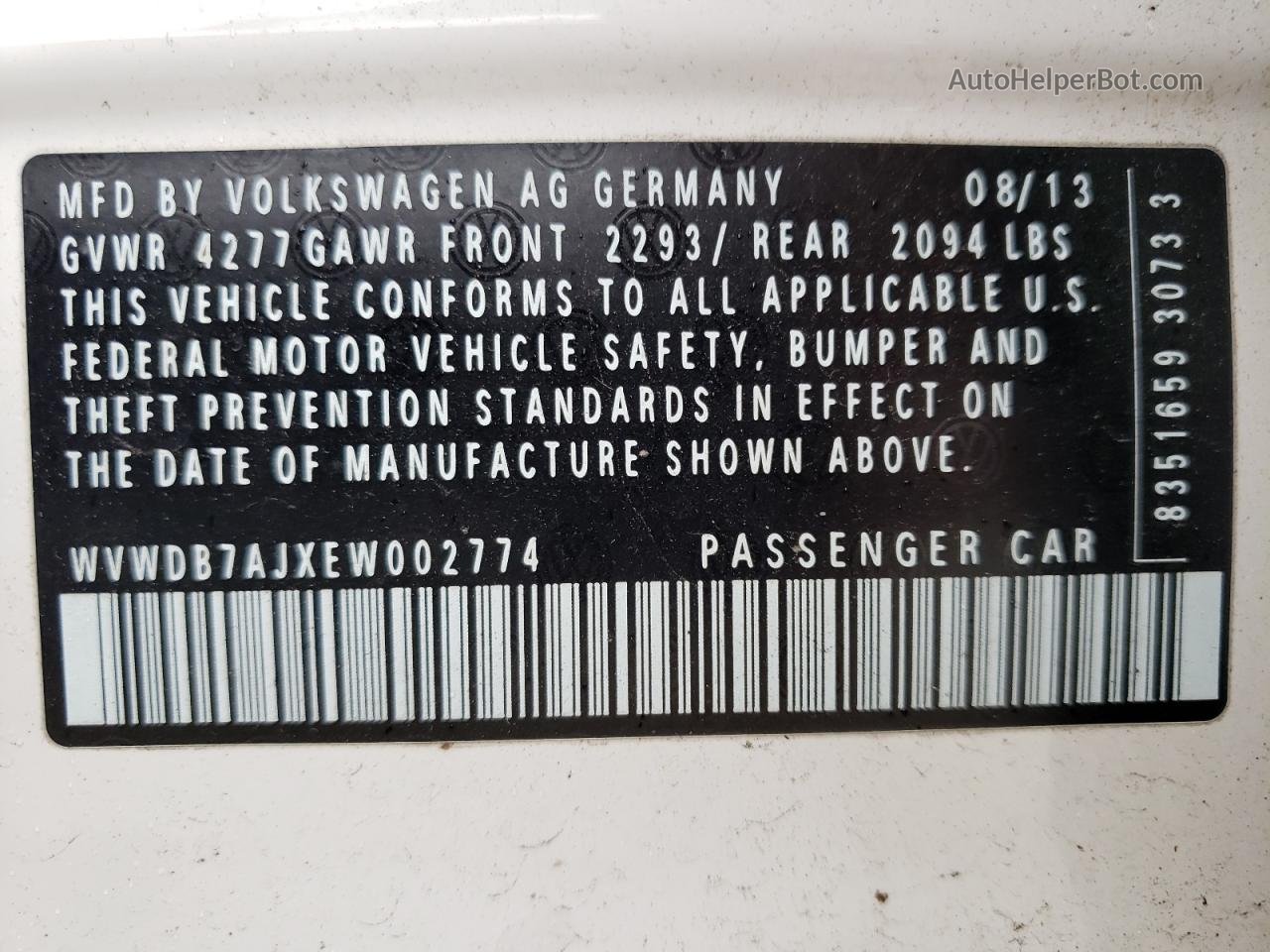 2014 Volkswagen Golf  Белый vin: WVWDB7AJXEW002774