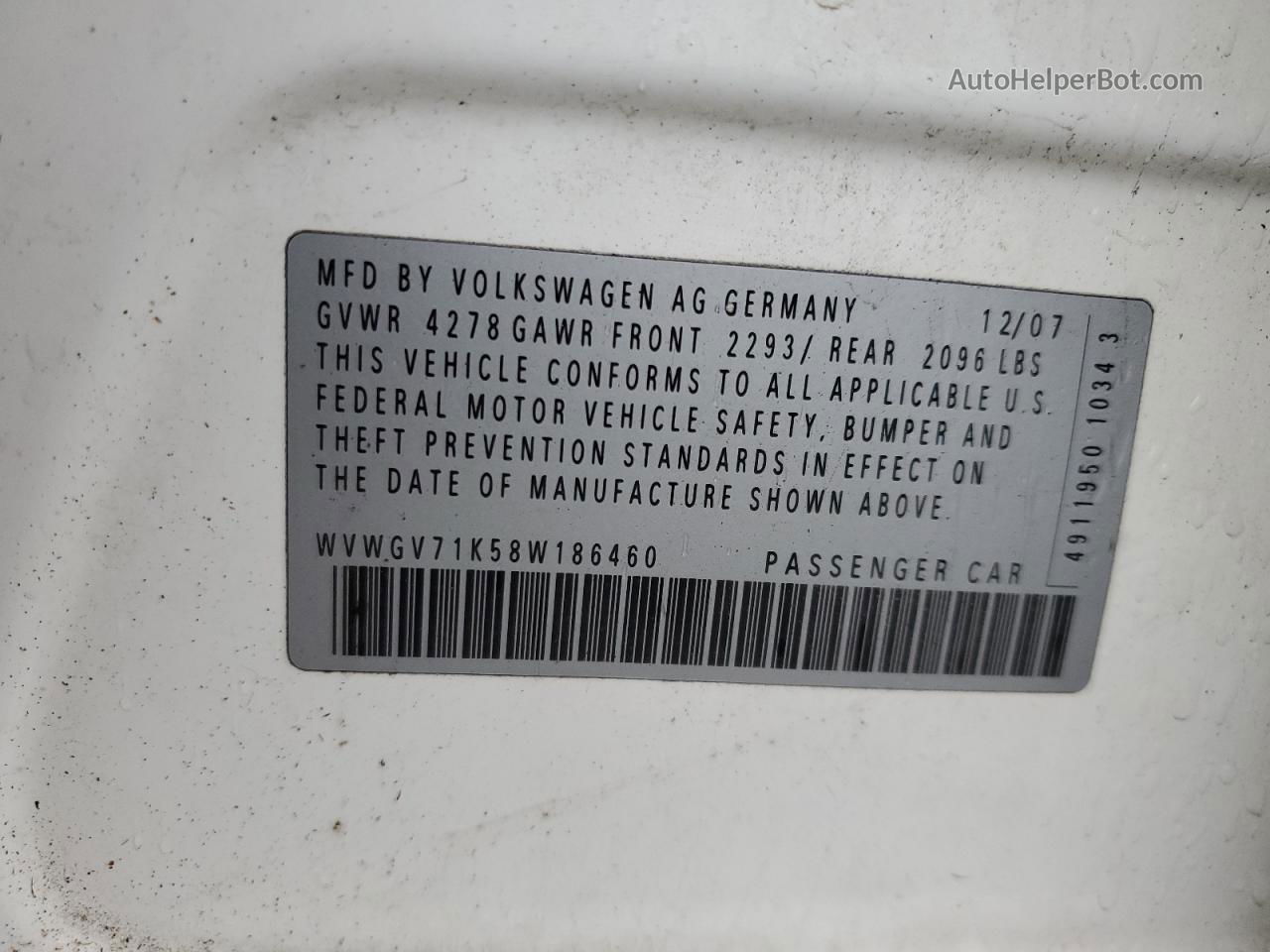 2008 Volkswagen Gti  Белый vin: WVWGV71K58W186460