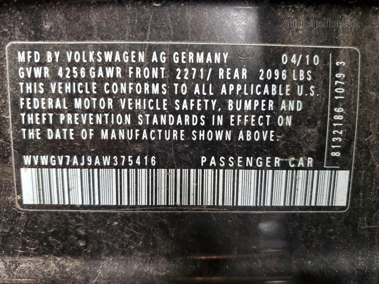 2010 Volkswagen Gti  Black vin: WVWGV7AJ9AW375416