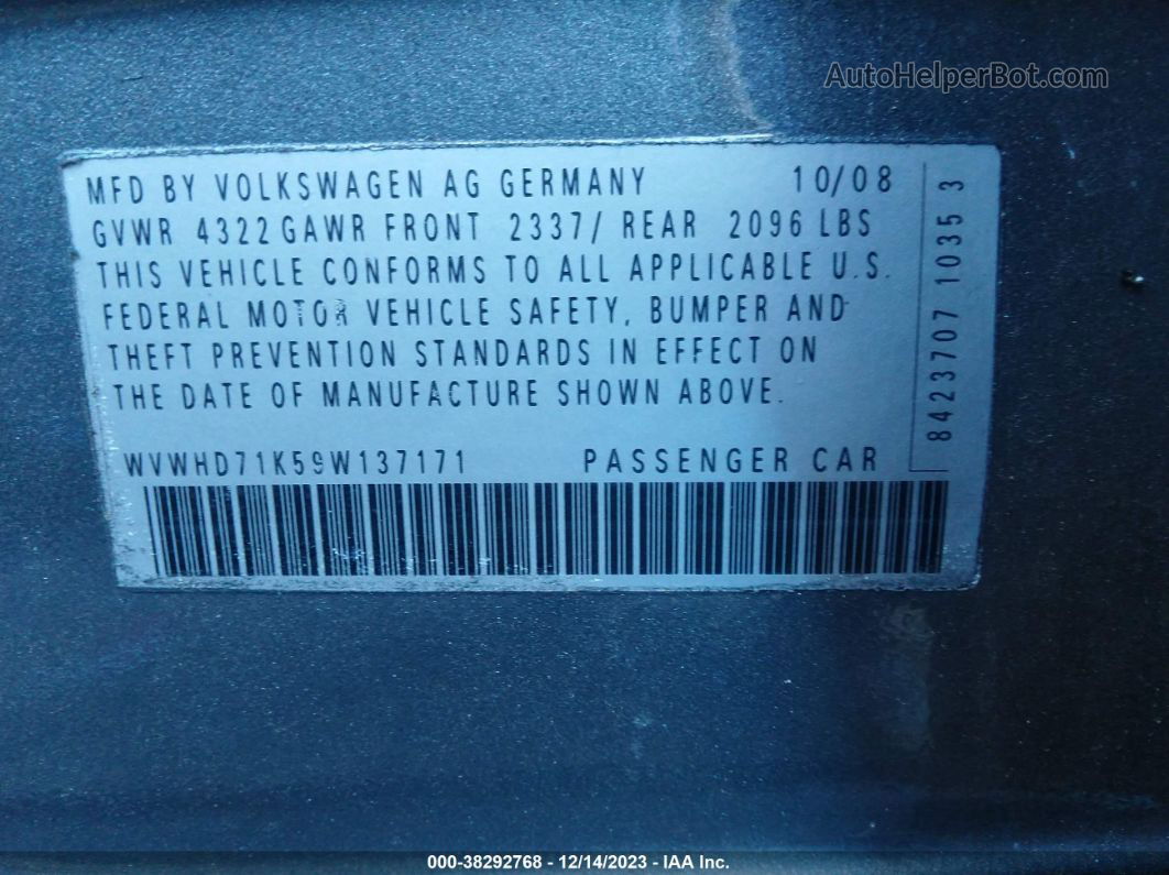 2009 Volkswagen Gti 4-door W/pzev  (a6) (discontinued) Gray vin: WVWHD71K59W137171