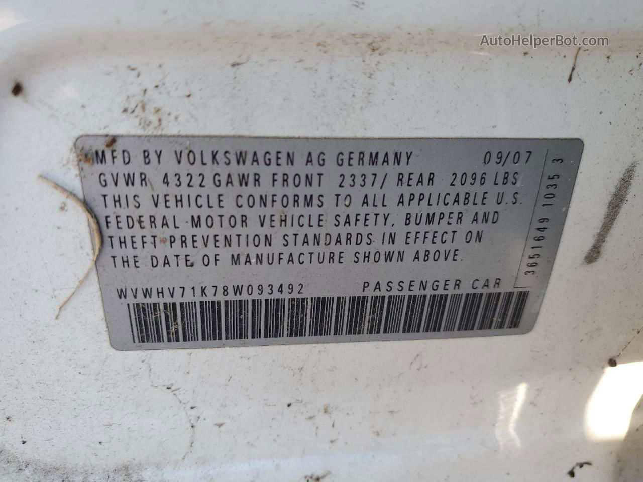 2008 Volkswagen Gti White vin: WVWHV71K78W093492