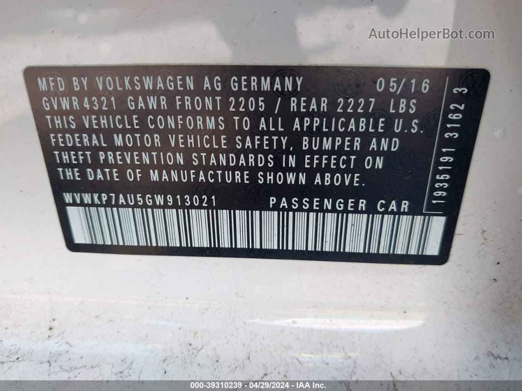 2016 Volkswagen E-golf Se White vin: WVWKP7AU5GW913021