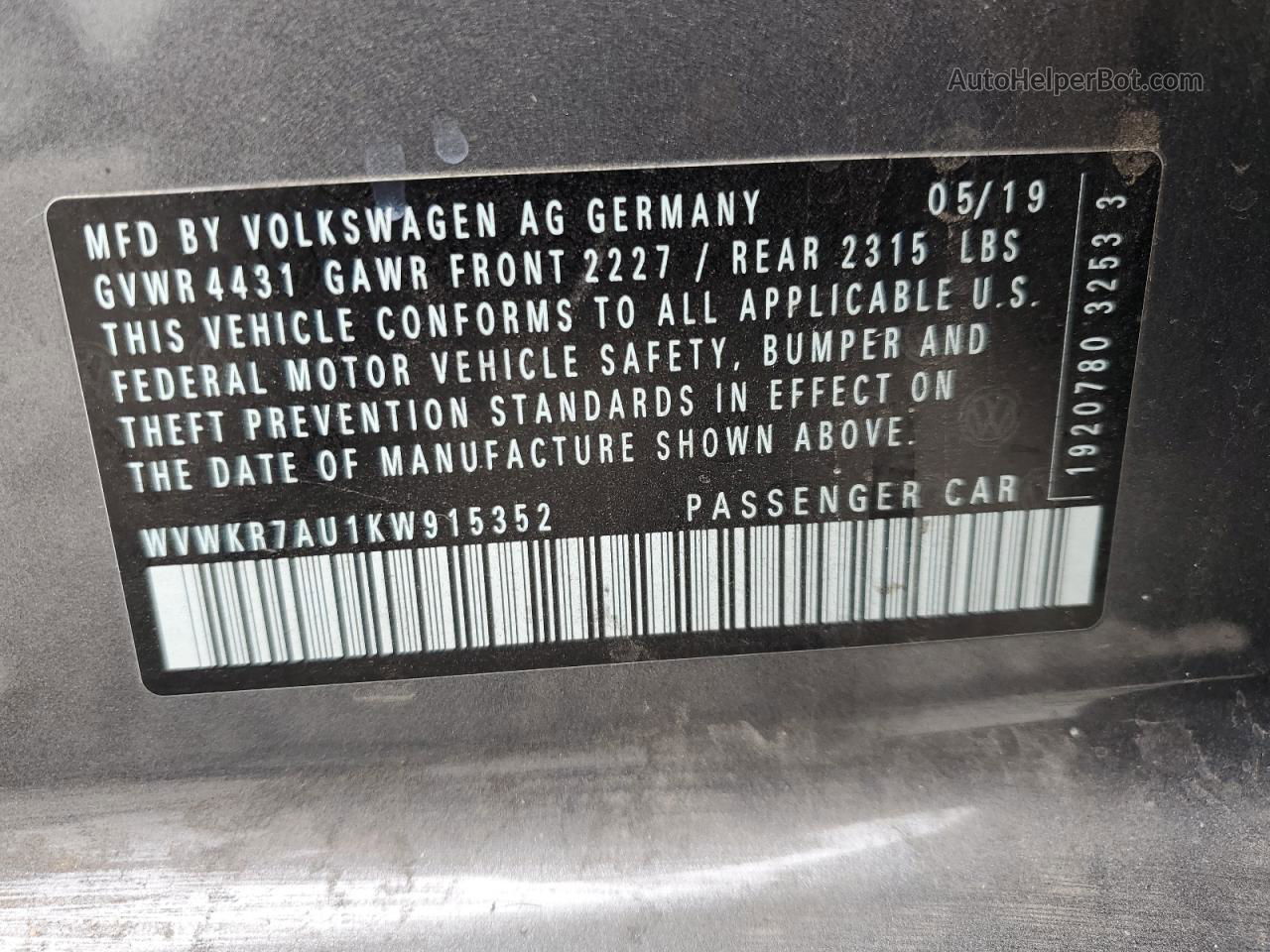 2019 Volkswagen E-golf Se Gray vin: WVWKR7AU1KW915352