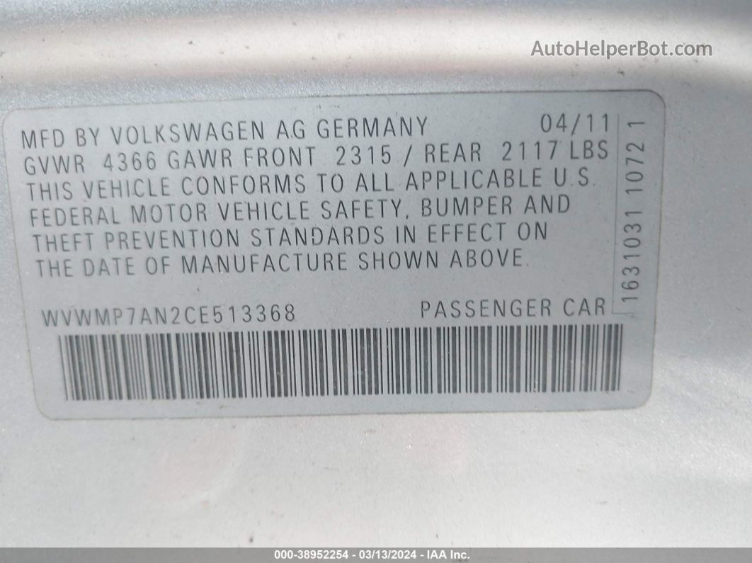 2012 Volkswagen Cc Sport Silver vin: WVWMP7AN2CE513368