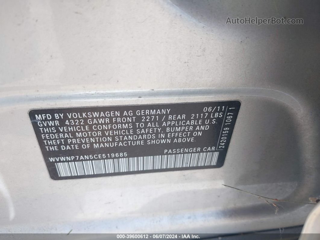 2012 Volkswagen Cc Sport Silver vin: WVWNP7AN5CE519685