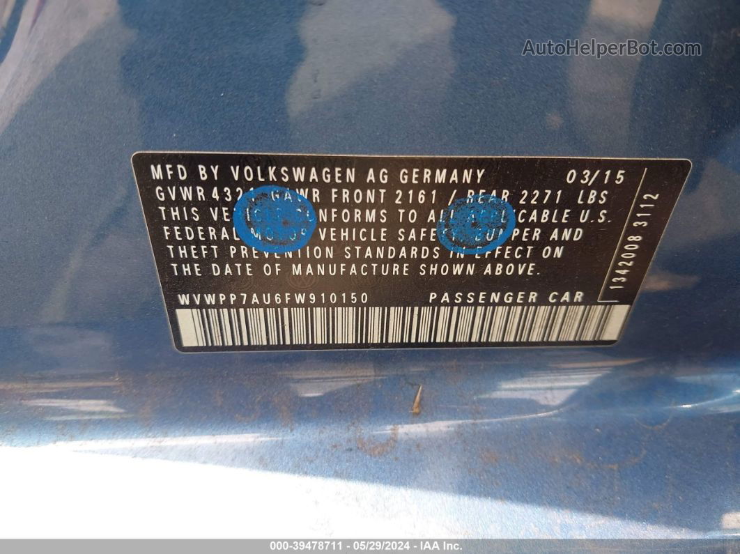 2015 Volkswagen E-golf Sel Premium Blue vin: WVWPP7AU6FW910150
