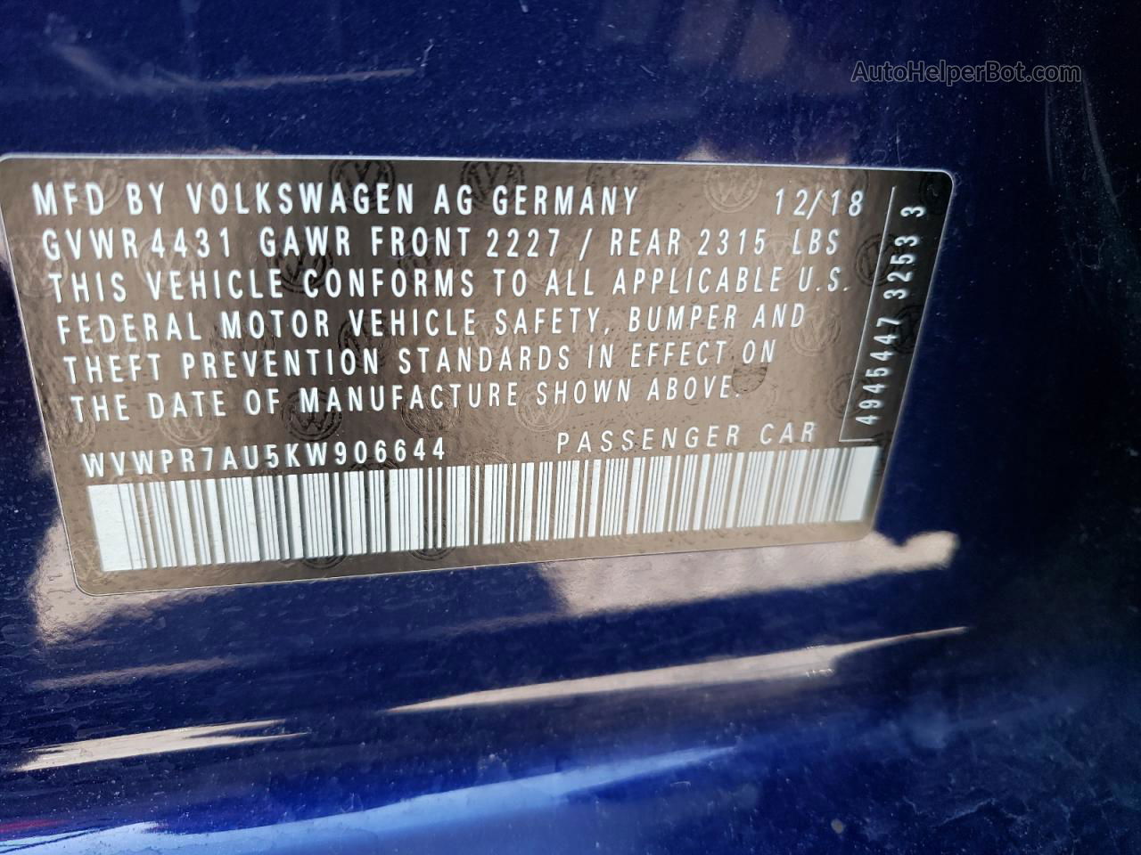 2019 Volkswagen E-golf Sel Premium Blue vin: WVWPR7AU5KW906644