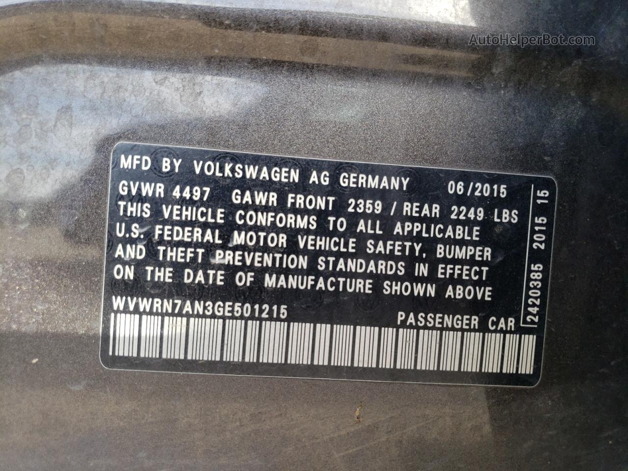 2016 Volkswagen Cc R-line Gray vin: WVWRN7AN3GE501215
