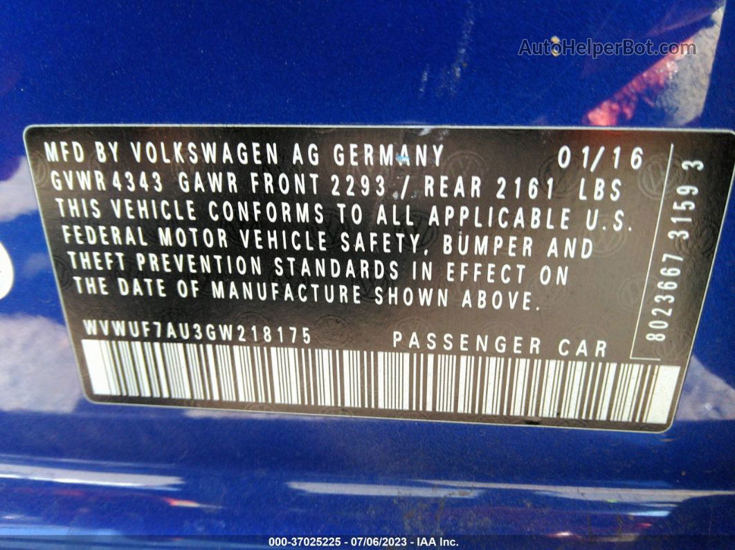 2016 Volkswagen Golf R   Blue vin: WVWUF7AU3GW218175