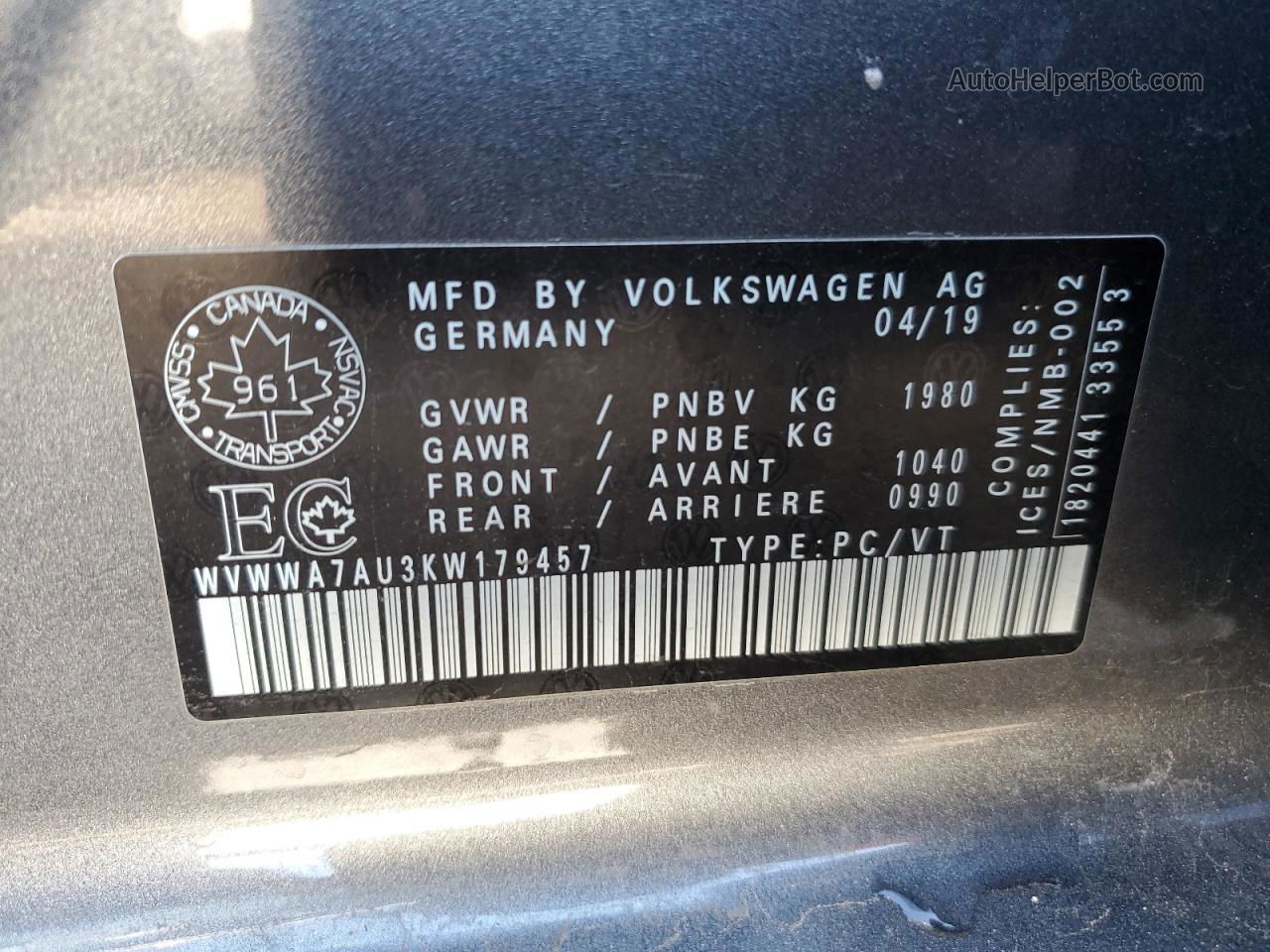 2019 Volkswagen Golf R  Gray vin: WVWWA7AU3KW179457
