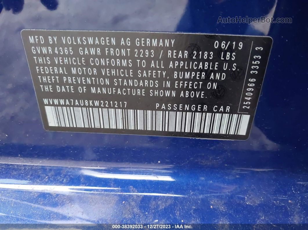 2019 Volkswagen Golf R 2.0t W/dcc   Navigation Blue vin: WVWWA7AU8KW221217